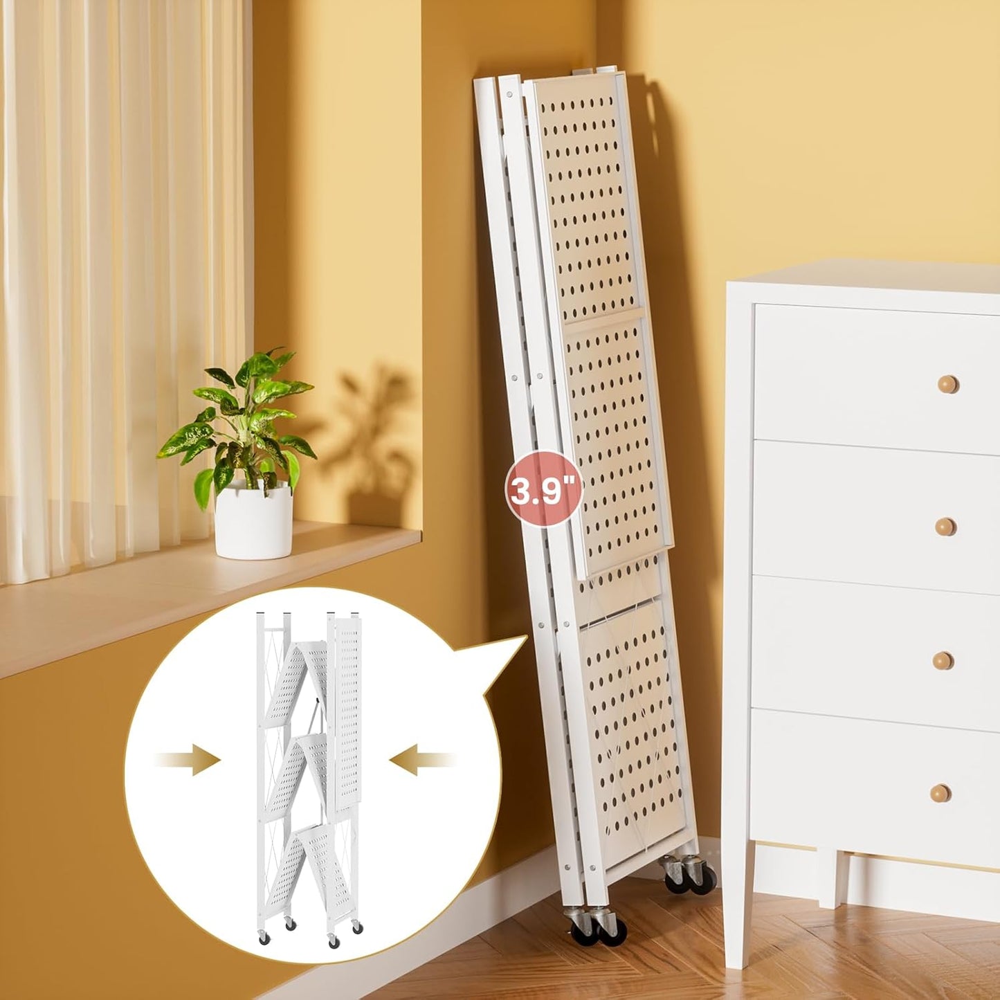 ALANNG Storage Shelves with Wheels, Bookshelf with Storage, No Assembly Metal Rack Cart for Kitchen, Office, Laundry, Garage (4 Tier, White)