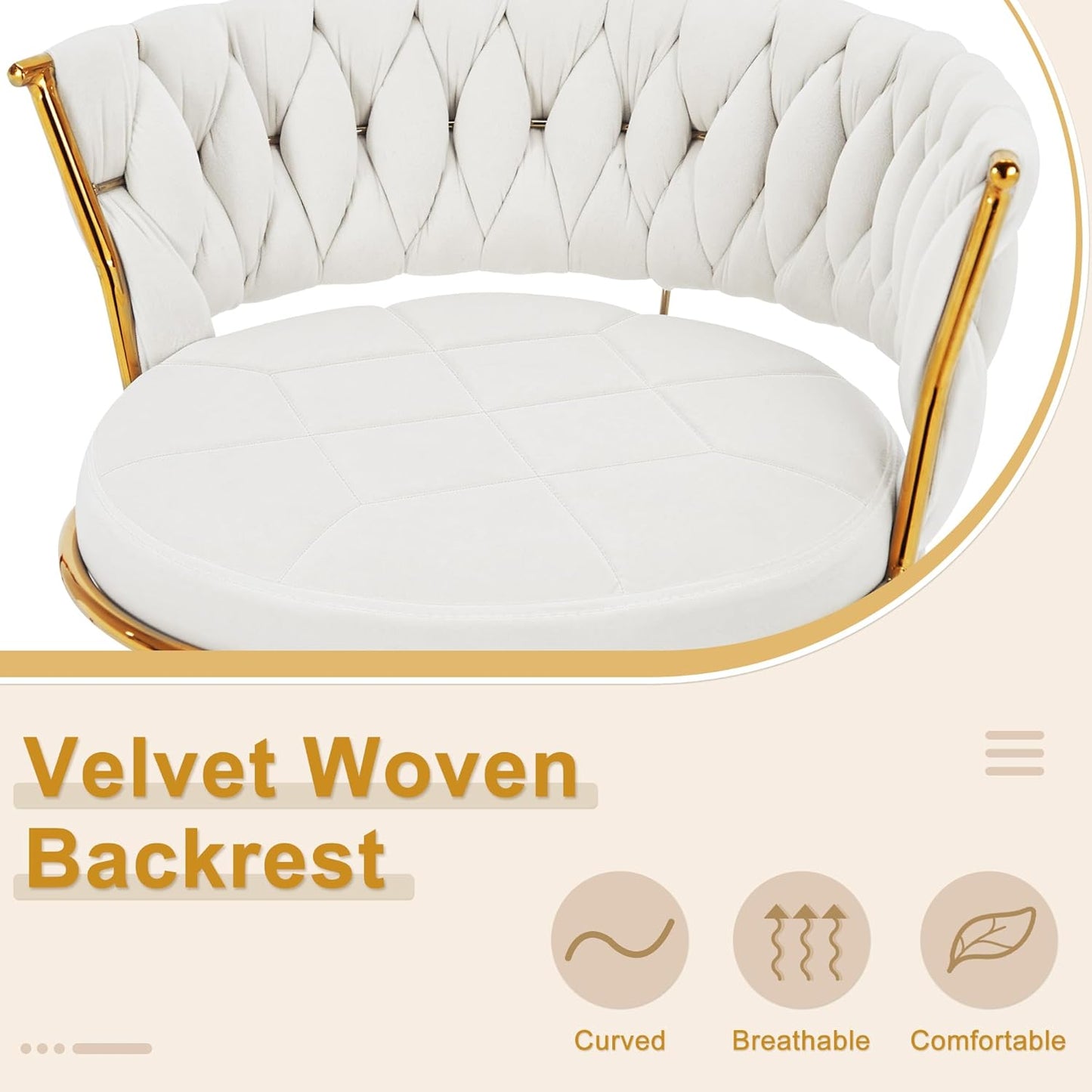 VECELO Bar Stools Set of 4, Modern Luxury Velvet Woven Counter Height Stools with Back and Arm, Gold Metal Leg & Base, 360 Swivel Bar Chair for Pubs Dining Room, White