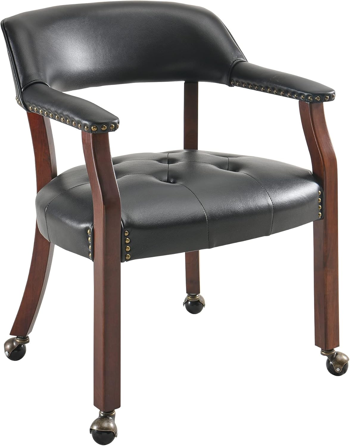 LEEMTORIG Large Dining Chairs with Casters and Arms, Rolling Dining Chairs with Wheels, Accent Game Chairs Boss Caption's Chairs, 26" D x 25.2" W x 31.5" H, Cherry Legs & Black SY-1533-BK