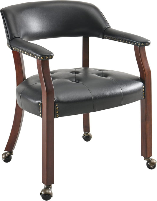 LEEMTORIG Large Dining Chairs with Casters and Arms, Rolling Dining Chairs with Wheels, Accent Game Chairs Boss Caption's Chairs, 26" D x 25.2" W x 31.5" H, Cherry Legs & Black SY-1533-BK