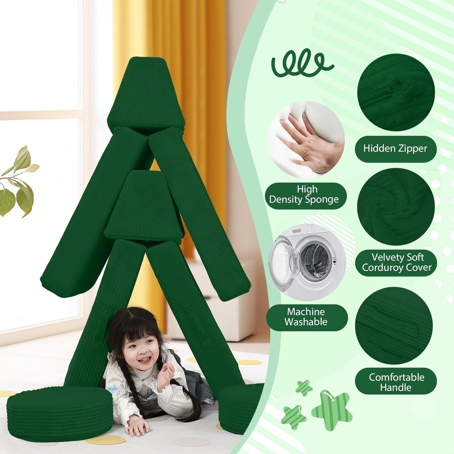 MeMoreCool Kids Couch for Playroom, Corduroy Convertible Toddler Couch, 8 Piece Modular Play Sofa, Foam Fort Building Set for Child Room Furniture, Green