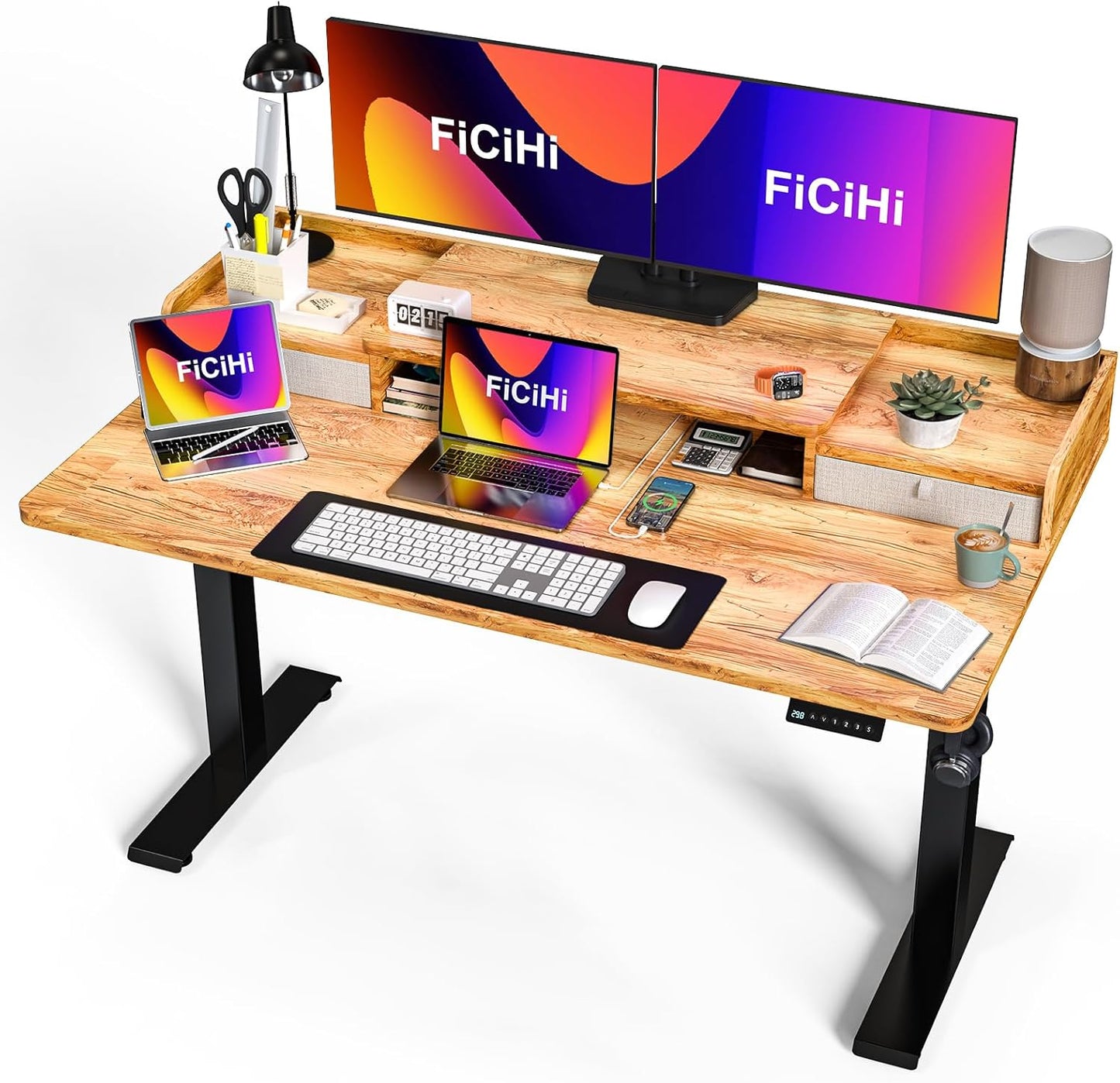 48x30 Inch Electric Standing Desk with Drawers & Widen Desktop, Thickened Desk Frame, Adjustable Height Sit Stand Up Table, Home Office Computer Desk with Cable Management, Light Rustic