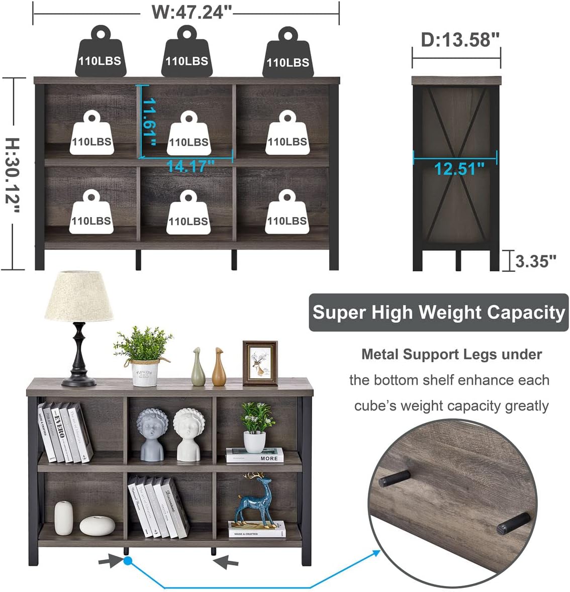 FATORRI Rustic 6 Cube Storage Organizer with Shelf, Wood and Metal Cubby Bookcase, Industrial Horizontal Bookshelf for Living Room, Home Office (Walnut Brown, 47 Inch)