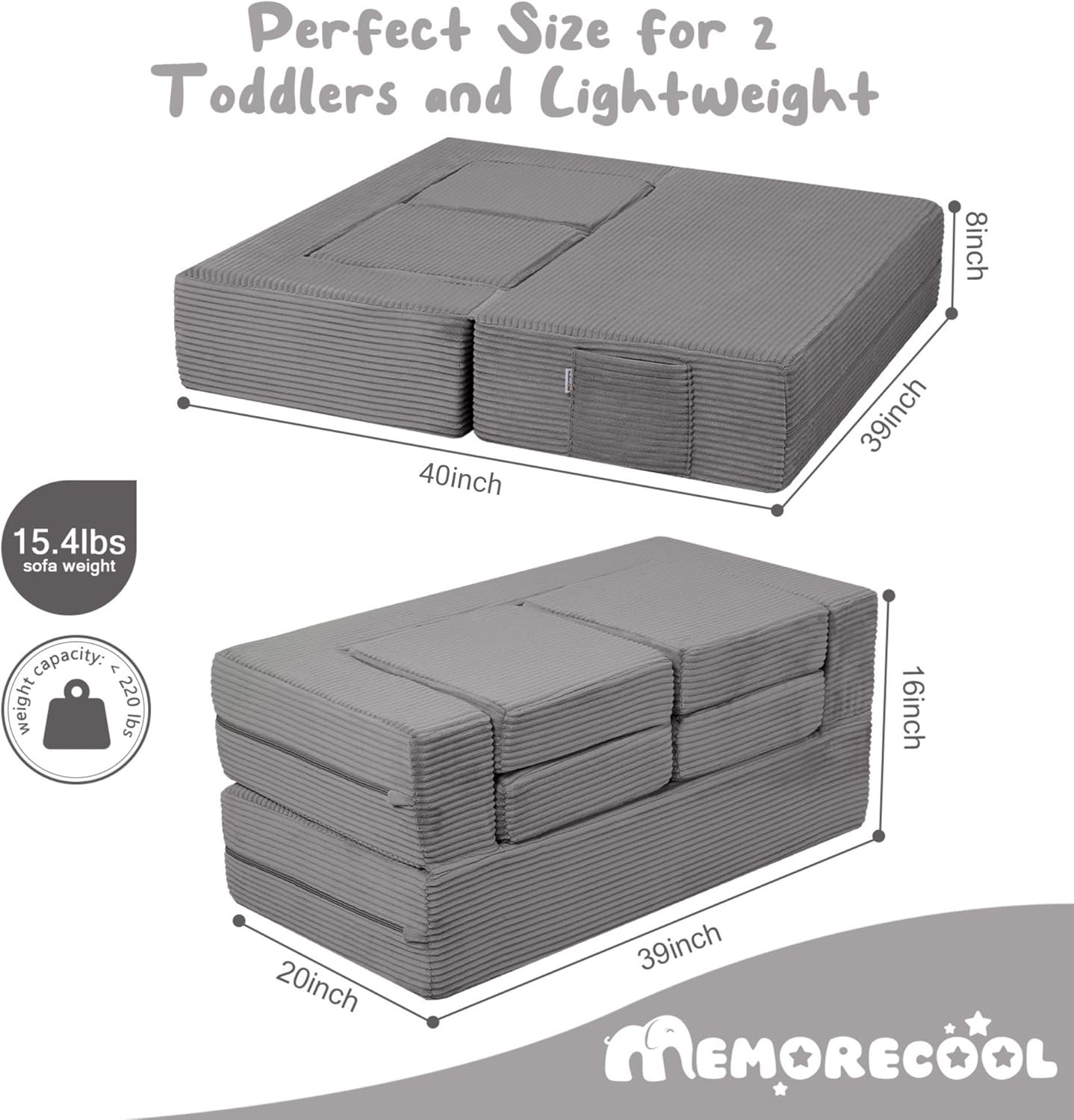 MeMoreCool Modular Kids Couch, Corduroy Play Toddler Couch for Bedroom Playroom Furniture, Convertible Foam Kids Sofa Bed, Fold Out Baby Sofa for Girl Boy, Light Grey