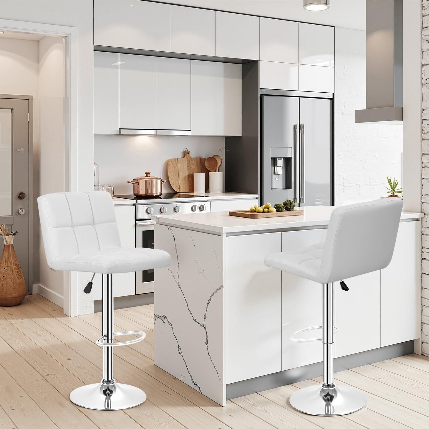 BestOffice Bar Stools Set of 2, Adjustable PU Leather Swivel Barstools, Modern Counter Stools with Back and Footrest, Counter Height Barstools for Bar, Kitchen and Dining Room