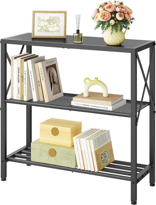 Hoctieon Industrial Console Table, 3-Tier Entryway Table, Metal Frame, Sofa Tables with Shelf, Hallway Desk, Entrance Desk for Entryway, Living Room, Foyer, Hallway, Black