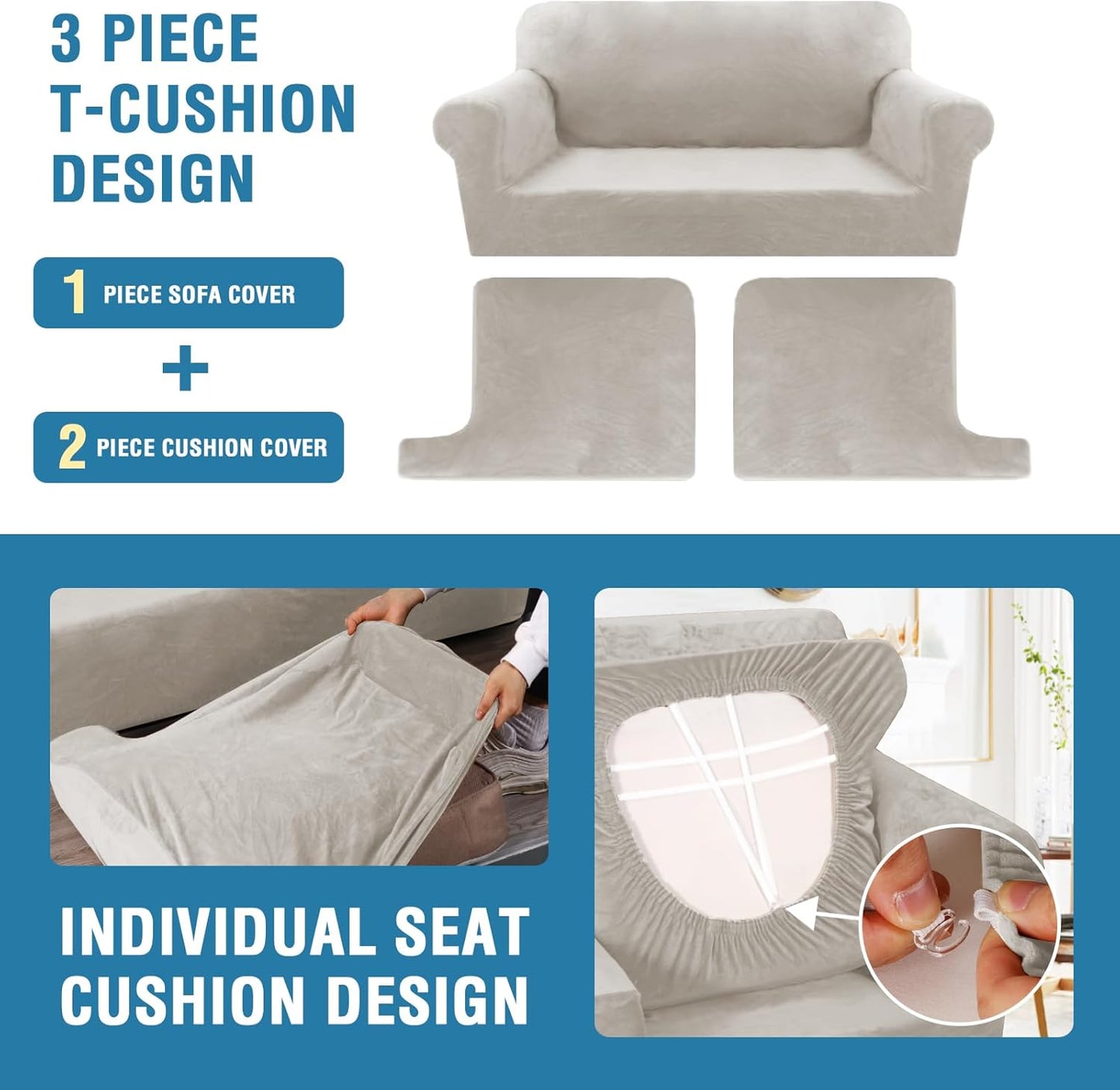 H.VERSAILTEX Sofa Cover 3 Piece T Cushion Loveseat Slipcovers Thick Velvet Couch Cover Stretch T Cushion Sofa Covers for 2 Cushion Couch with 2 Individual T Cushion Covers Washable, Oatmeal