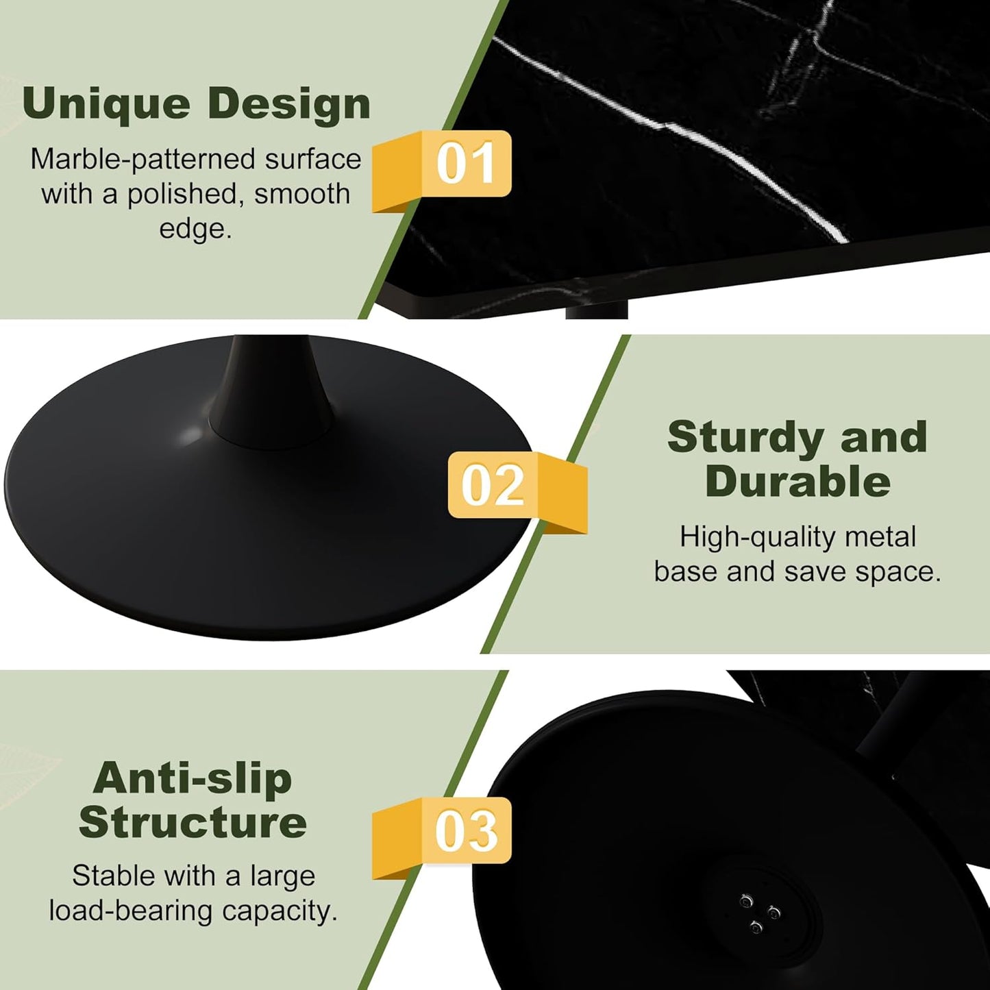 Dining Table for 2-4, 31.5" Kitchen Table with Printed Marble Top, Modern Tables for Dining Room, Living Room, Coffee Bar, Black