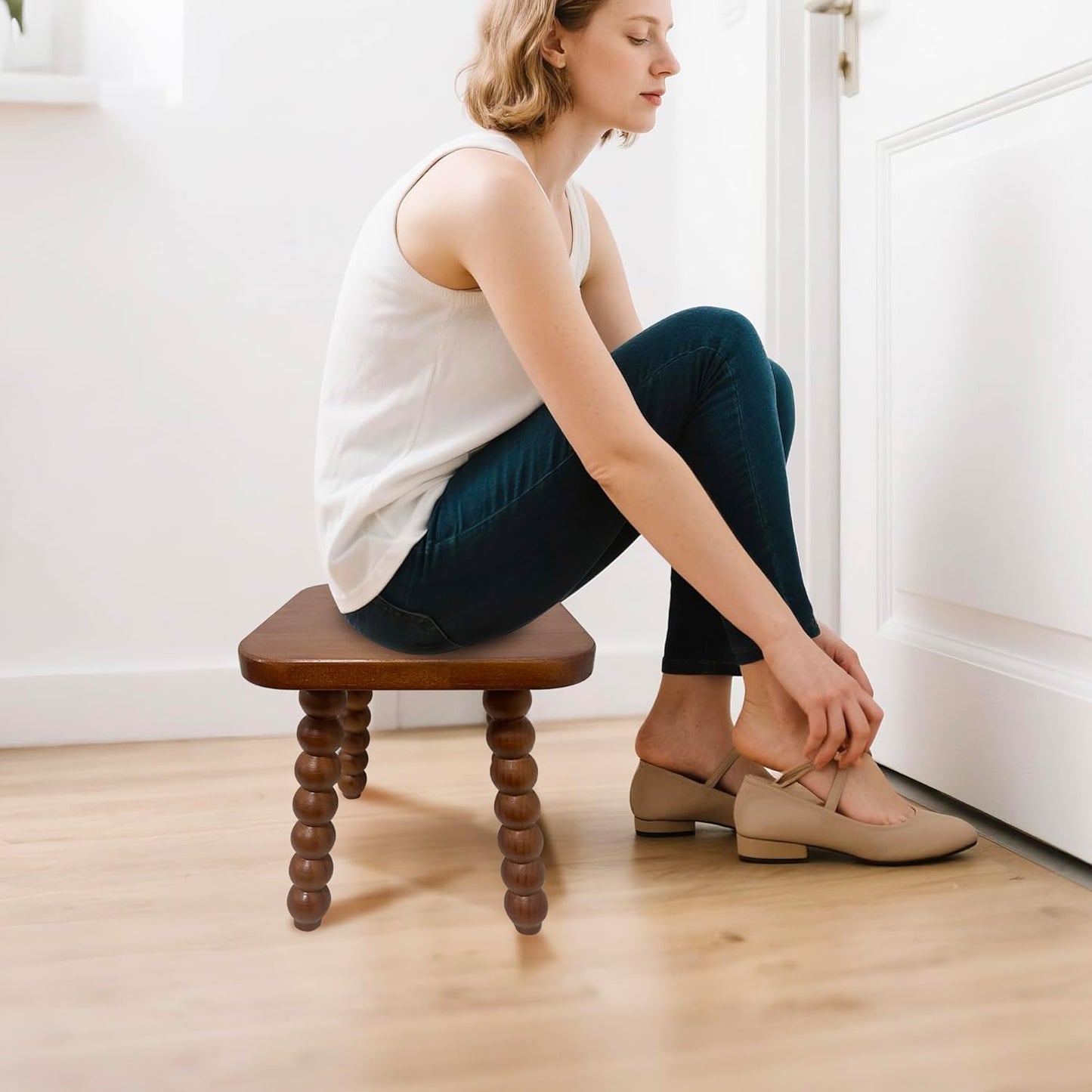 Solid Wooden footstool9.3 Inch - Short Stool for Kids & Adults, Sensory Table Helper - Sturdy Foot Stool for Bathroom, Kitchen, Bedroom, Natural Plant Stand, Toddler Helper (Brown)
