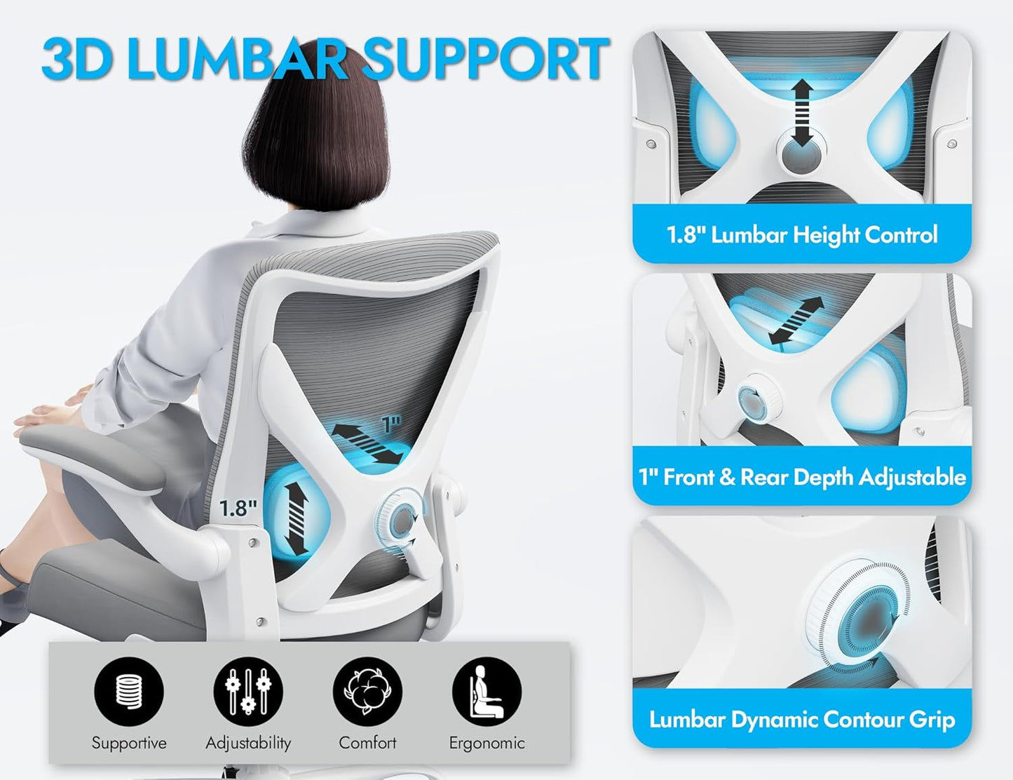 Ergonomic Office Chair - X-Shaped Computer Desk Chairs Comfy, Mesh High-Back Gaming Chair with Adjustable Lumbar Support, Executive Task Chair for Adults, Comfortable for Long Hours (White Grey)