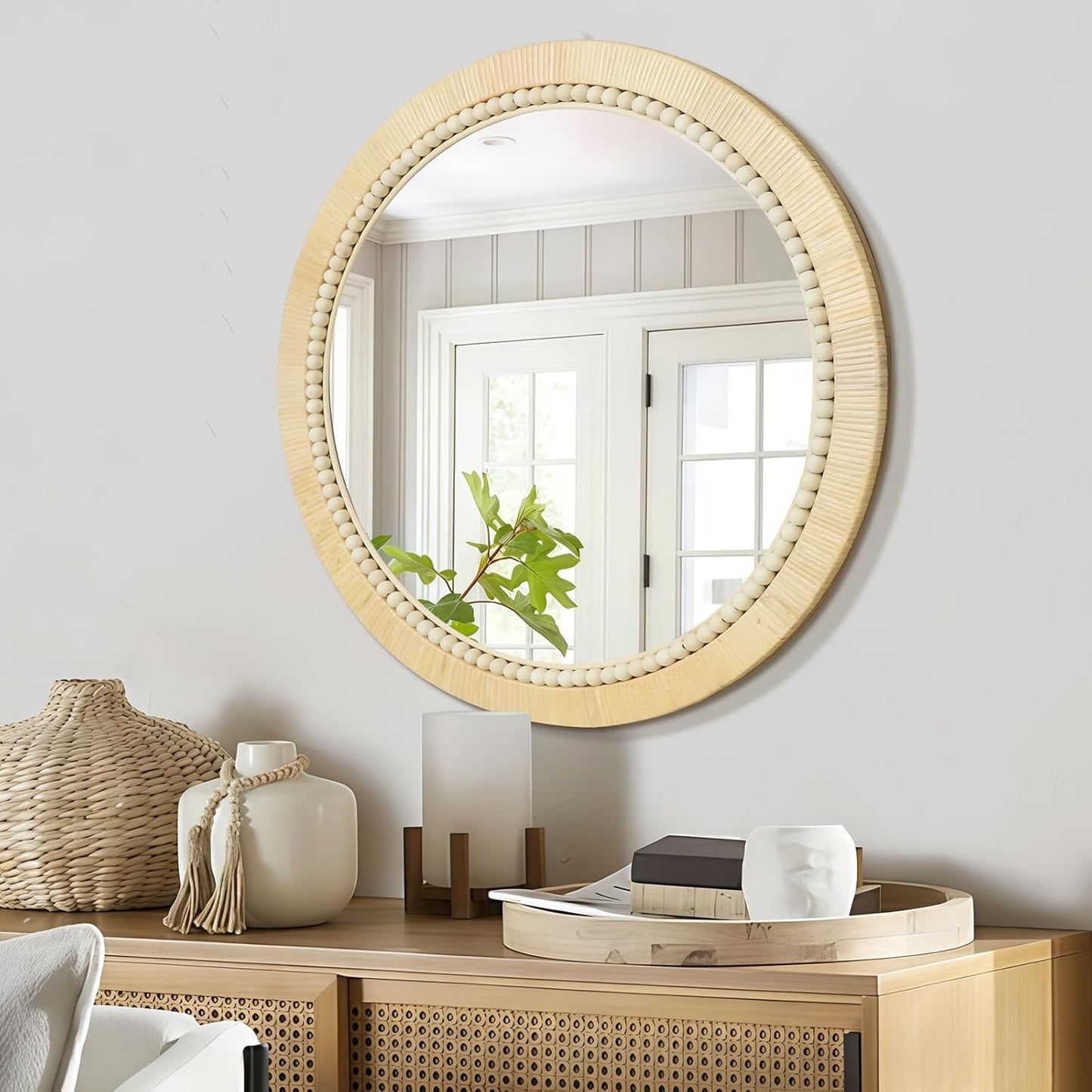 ULIKE Round Rattan Mirror, Bathroom 24 Inch Rustic Farmhouse Wall Decor with Handmade Wicker Frame, Boho Mirror for Nursery Bedroom Living Room Entryway