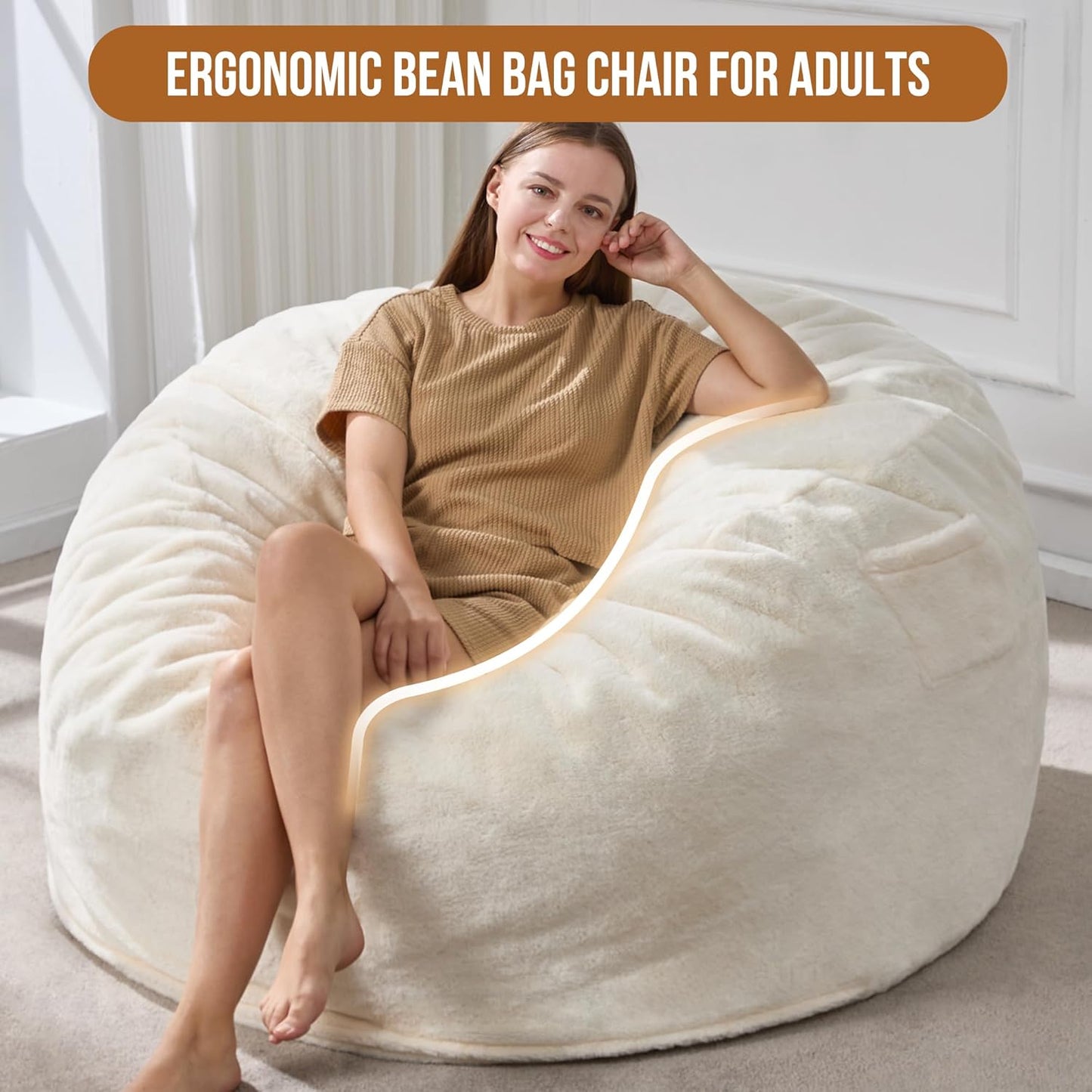 Hobestluk 5ft Bean Bag Chairs for Adults Large Beanbag Chair with Plush Faux Fur Cover Big Bean Bag Chair for Living Room Bedroom Dorm Office - White (50” x 50” x 24")