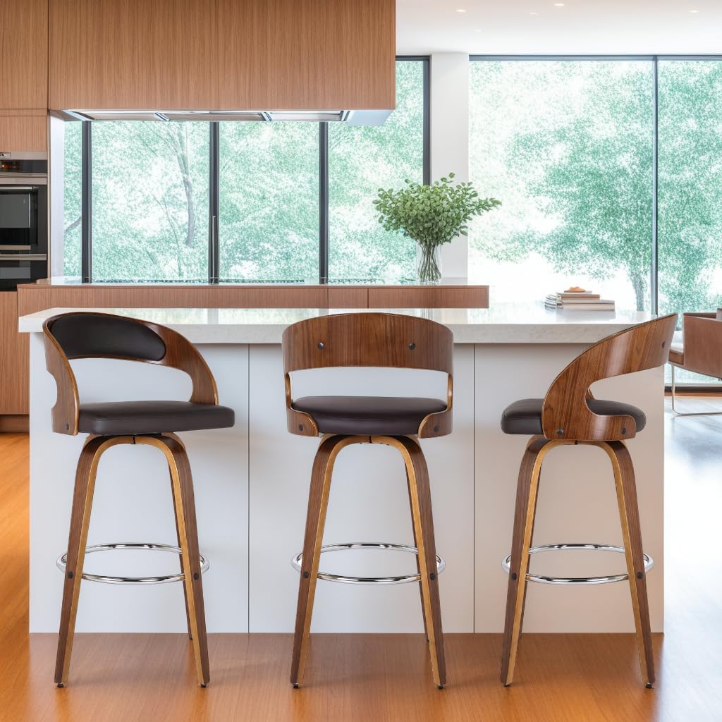 Armen Living Shelly 26" Counter Height Swivel Brown Faux Leather and Walnut Wood Bar Stool - Set of 3