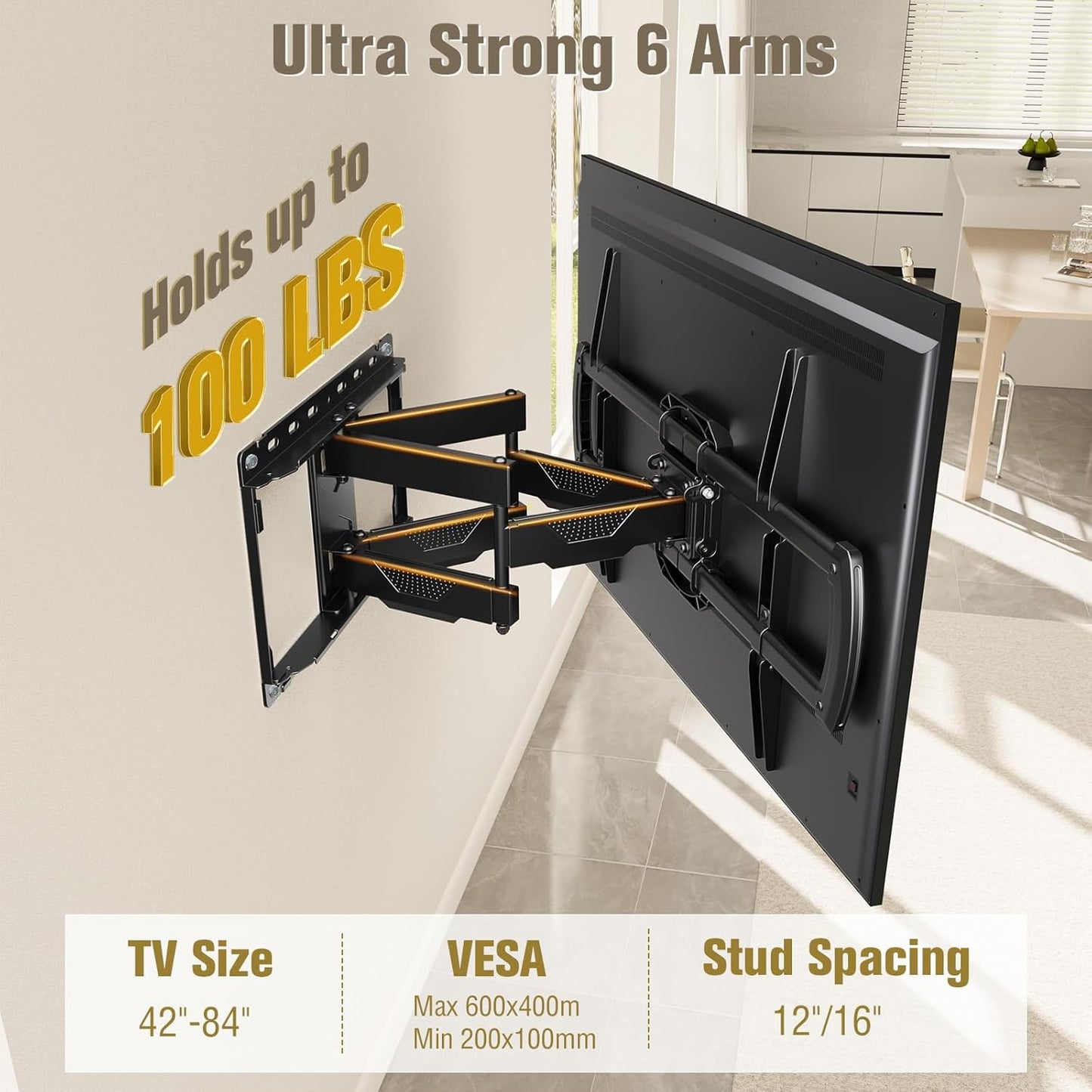 Mounting Dream TV Wall Mount, UL Listed Full Motion Mount Bracket for 42-84 Inch Flat Screen TVs, Swivel Articulating Dual Arms, Max VESA 600x400mm, 100 LBS Loading, Fits 16 Inches Wood Studs, MD2296