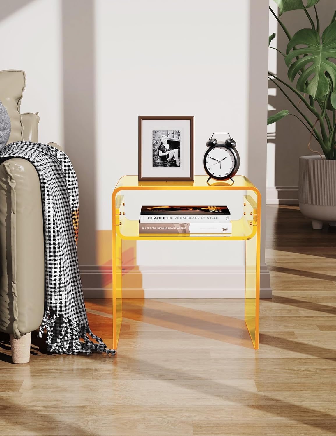 Clear Acrylic End Table 2-Tier Bedside nightstand for Living Room Bedroom Home Decor (Yellow)