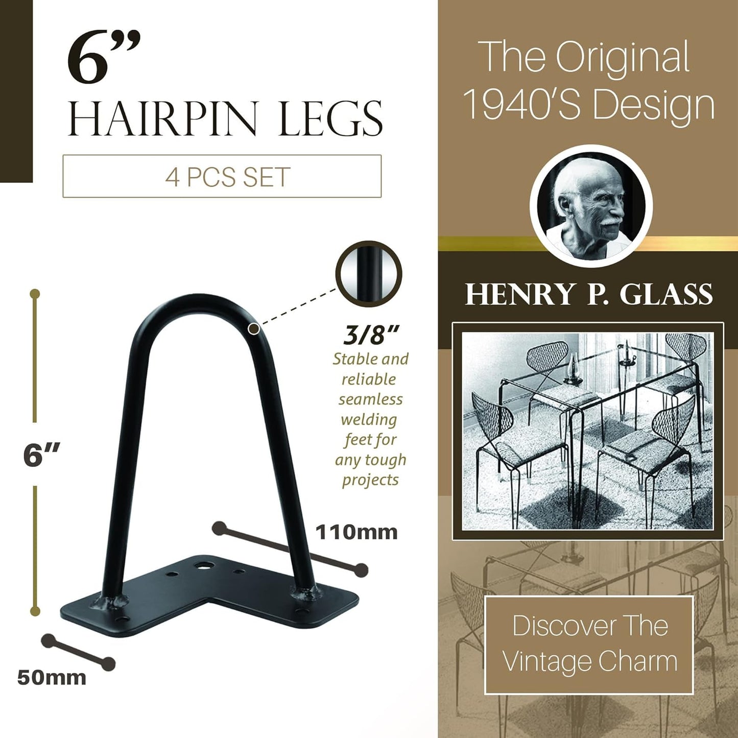 TEN49 Heavy Duty Hairpin Table Legs - 6 Inch Industrial Black Furniture Legs - Solid Rods Metal Leg - Fit for Mid-Century Modern End Drawer, Low Shelf, Bed, Sofa, TV Stand, Cabinet Feet