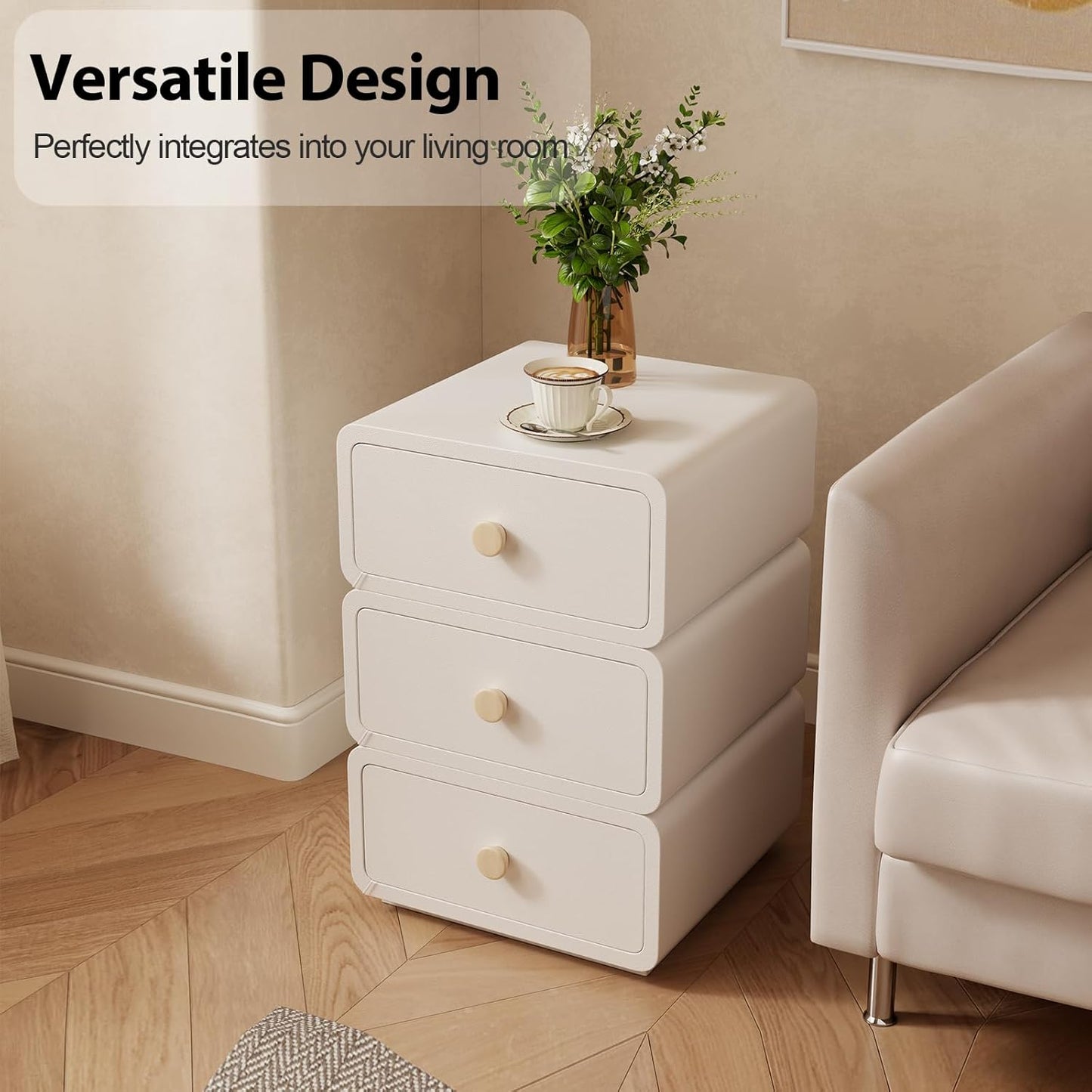 White Night Stand, Narrow Nightstand with Drawers, Modern Nightstand for Bedroom, Dorm and Living Room.
