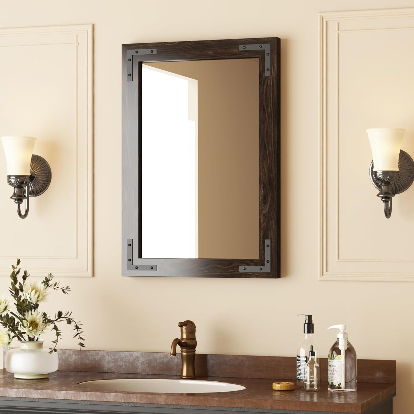 VocalStar Black Wood Framed Mirror 18 x 26 Inch, Rustic Natural Black Wooden Rectangle Bathroom Vanity Wall Mirror for Farmhouse Boho Decor, 1/4-inch Shatterproof Glass | Waterproof