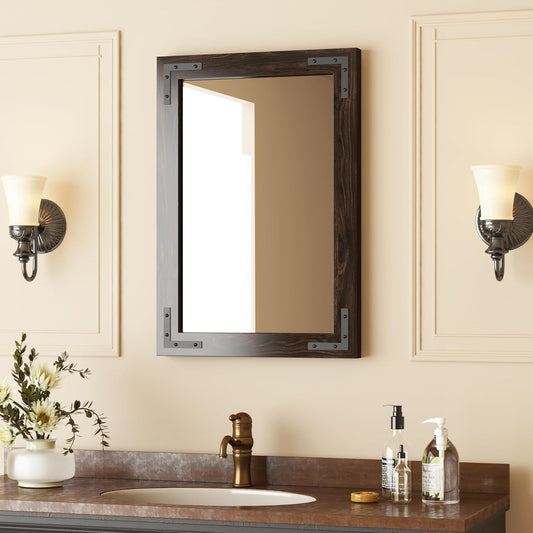 VocalStar Black Wood Framed Mirror 18 x 26 Inch, Rustic Natural Black Wooden Rectangle Bathroom Vanity Wall Mirror for Farmhouse Boho Decor, 1/4-inch Shatterproof Glass | Waterproof