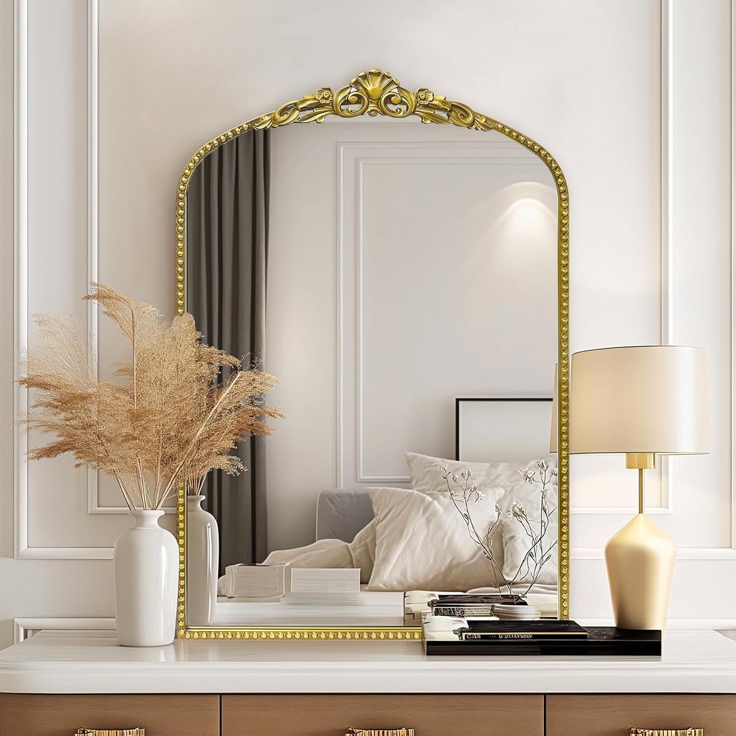 G-LEAF Vintage Baroque Mirror 24"X36", Arched Mantel Victorian Antique Farmhouse Mirror with Black Brush Gold Ornate Metal Frame for Fireplace Entryway Living Room Hallway Bathroom