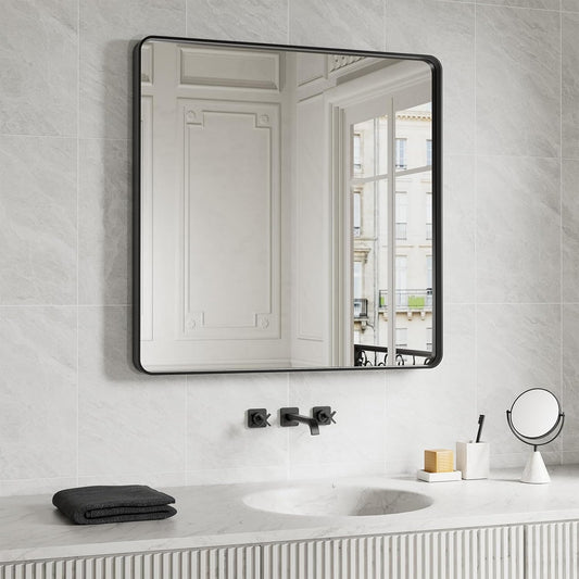Black Bathroom Mirror 36X36 Inch, Black Metal Framed Mirror for Wall, Rounded Rectangle Matte Bathroom Vanity Mirror with Tempered Glass, Anti-Rust, Horizontal/Vertical