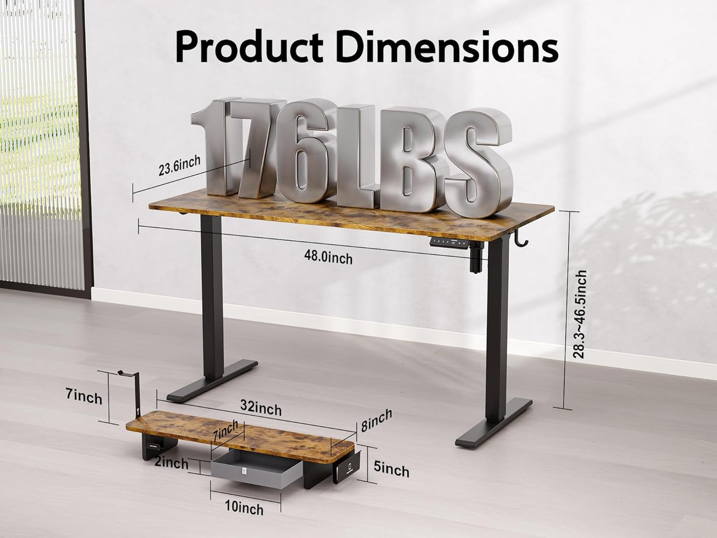 48x24 Inches Electric Standing Desk With Drawer and Monitor Stand, Height Adjustable for Home Office, Ergonomic Sit to Stand With Phone Holder, 3 Hooks, Rustic Brown
