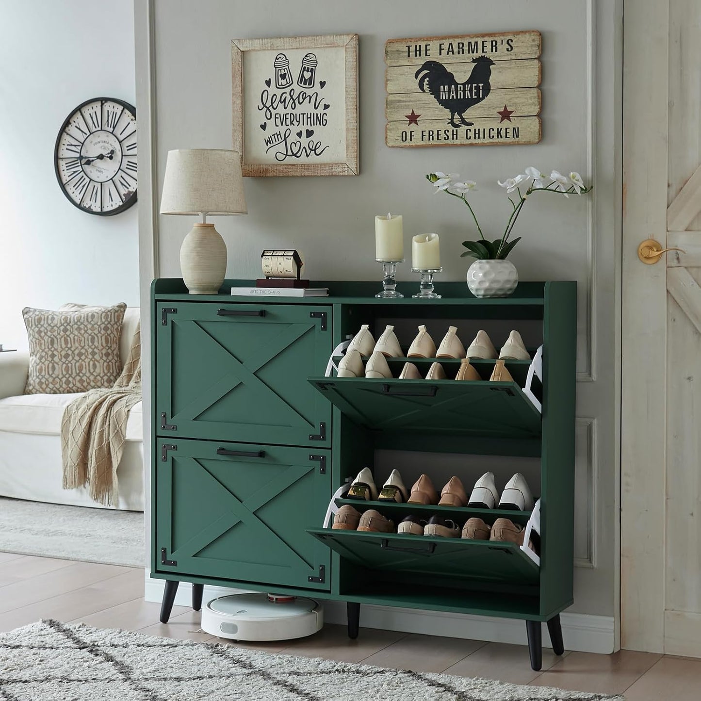 Shoe Storage Cabinet,Farmhouse Shoe Organizer with 4 Flip Drawers & Barn Door Design,Freestanding Hidden Slim Narrow Shoe Rack Cabinet for Entryway,Foyer,Hallway,Green