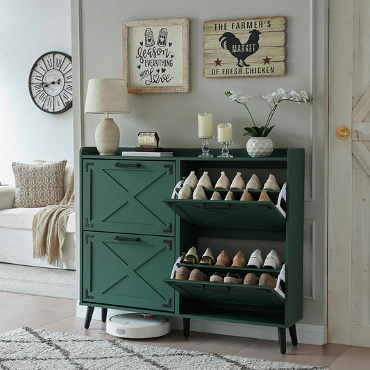 Shoe Storage Cabinet,Farmhouse Shoe Organizer with 4 Flip Drawers & Barn Door Design,Freestanding Hidden Slim Narrow Shoe Rack Cabinet for Entryway,Foyer,Hallway,Green
