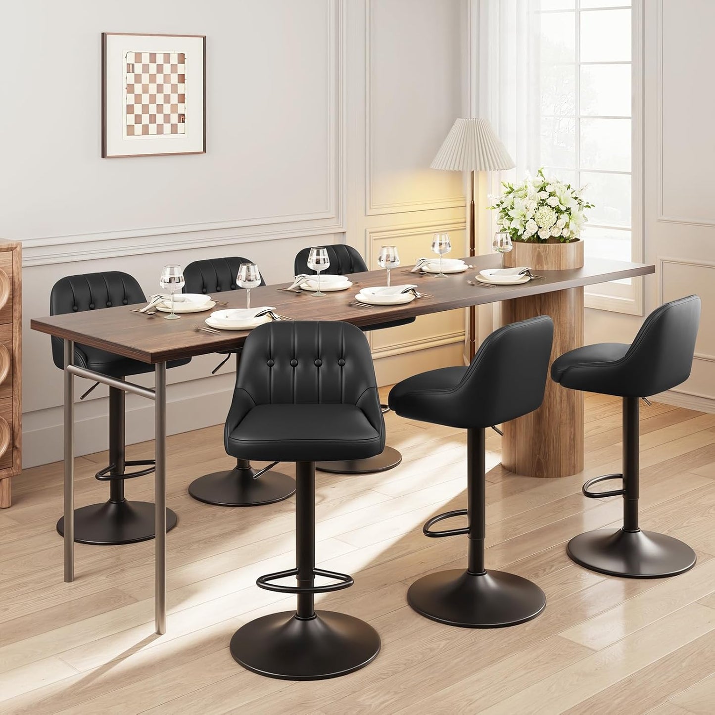 Bar Stools Set of 6, Swivel Bar Chairs, Modern Adjustable PU Leather Upholstered Barstools Counter Height with Tufted Back for Bar, Kitchen Counter Island, Dining Room, Black