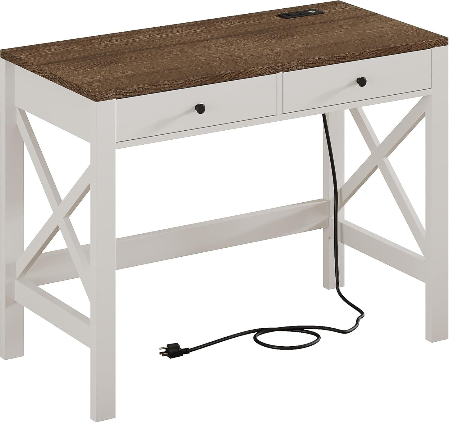 ChooChoo Farmhouse Desk with USB Charging Ports and Power Outlets, 39" Computer Desk with Drawers, Small Study Writing Table with Stable X Frame for Home Office