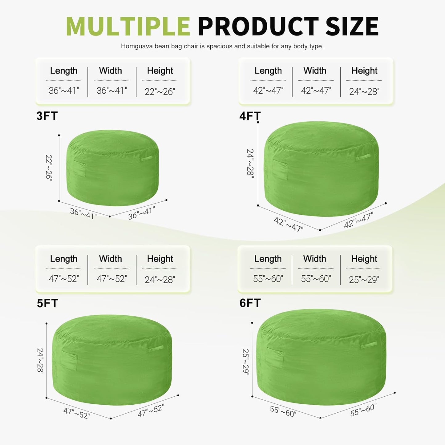 Homguava 3FT Bean Bag Chair: 3' Bean Bags with Memory Foam Filled, Large Beanbag Chairs Soft Sofa with Dutch Velvet Cover-Lime