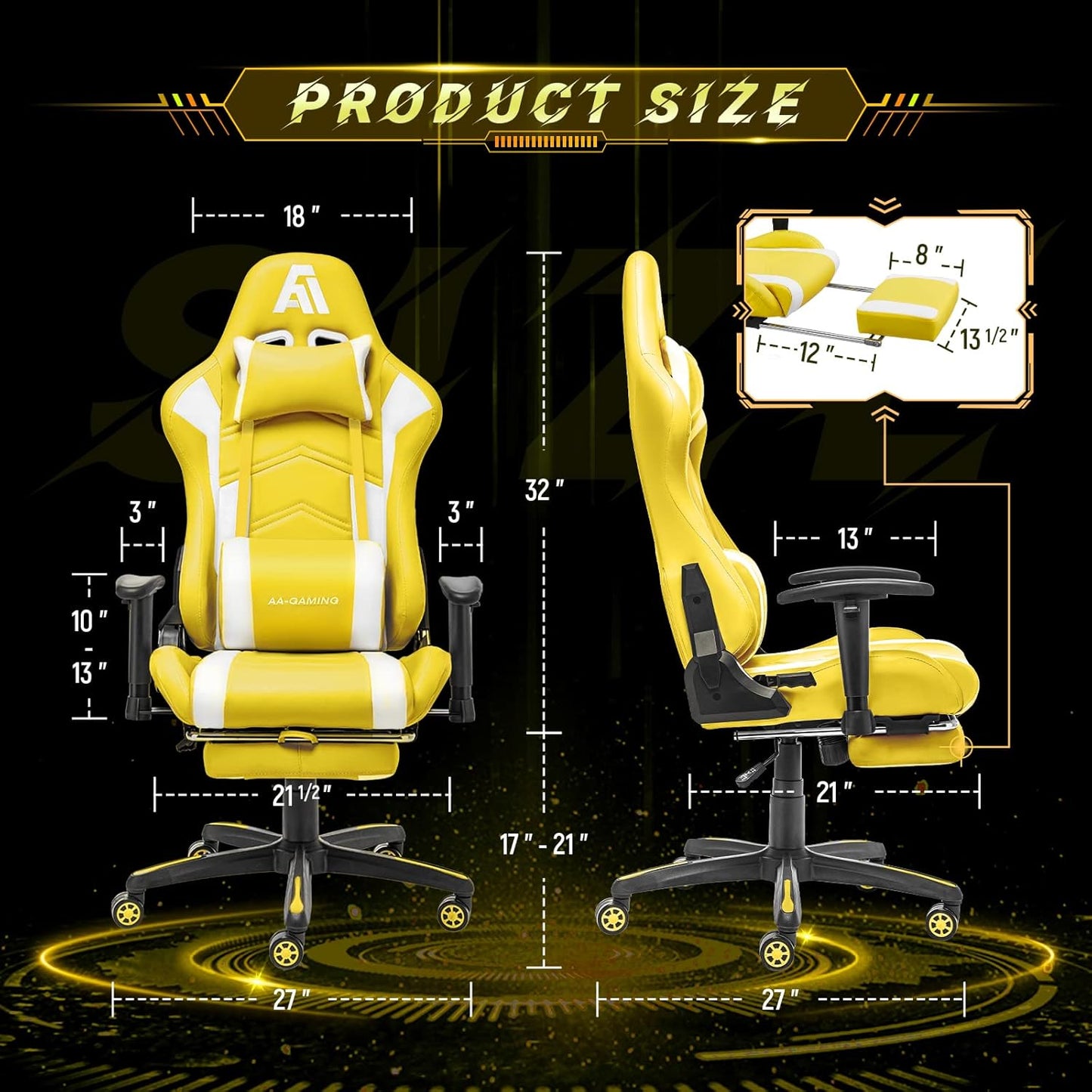 AA Products Gaming Chair - High Back Ergonomic Computer Racing Chair with Footrest, Lumbar Support and Swivel - YellowWhite