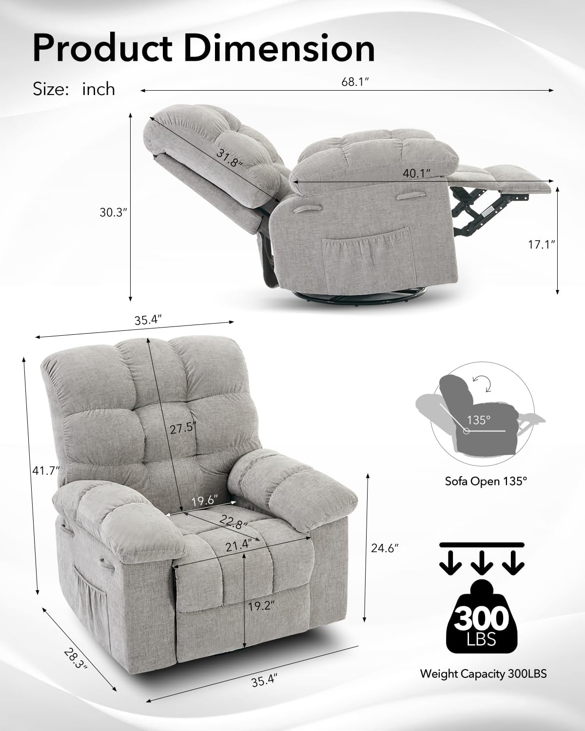 Rocking Recliner Chair,360° Swivel Rocker Chair for Living Room,Upholstered Fabric Glider Nursery Chair with Side Pockets for Small Spaces,Q235 Steel Frame Lazy Boy Recliner Single Sofa(Grey)
