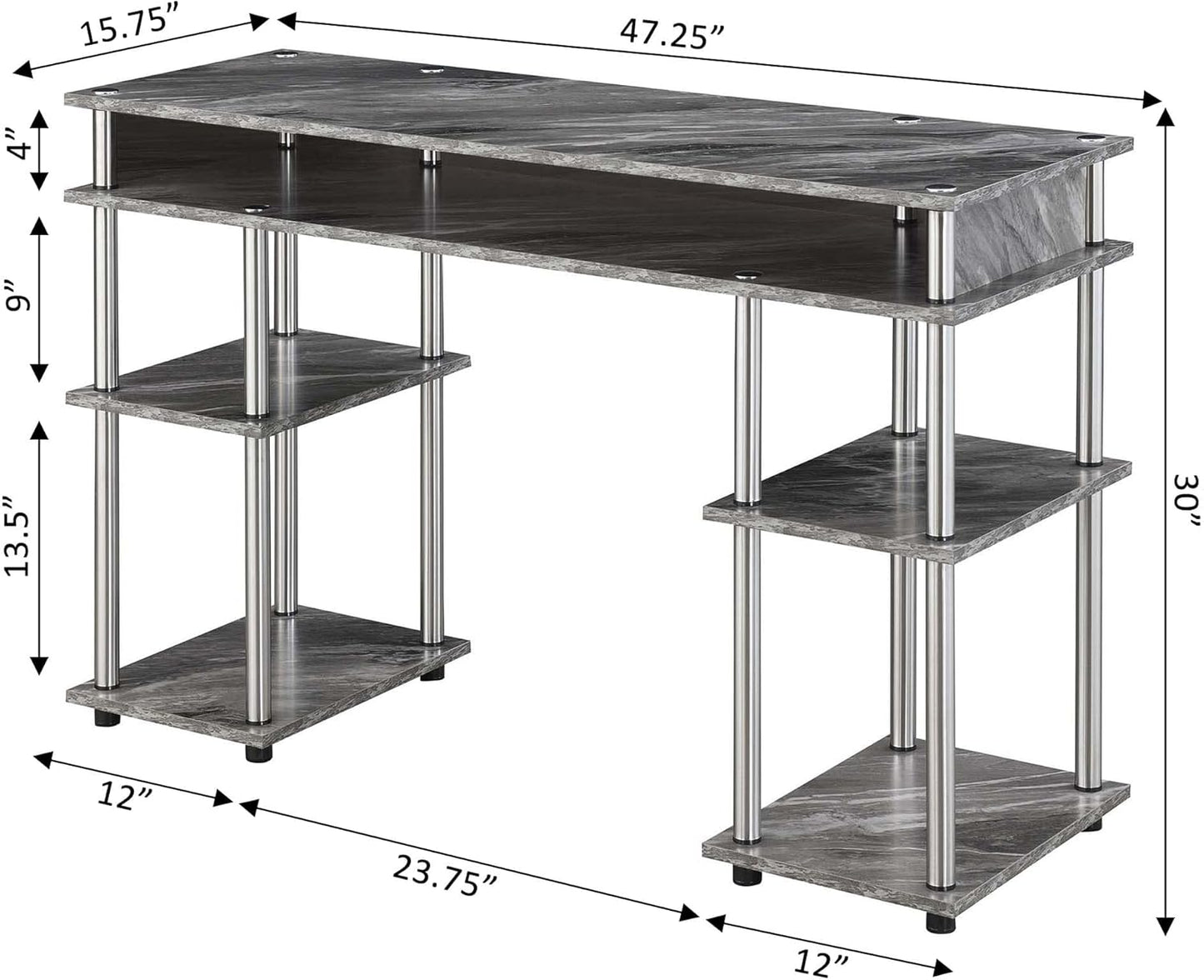 Convenience Concepts Designs2Go No Tools Desk Home Office Desk with Shelves, Corner Shelf Vanity Desk Computer Desk Nail Table for Nail Tech - 47.25" L x 15.75" W x 30" H, Gray Faux Marble