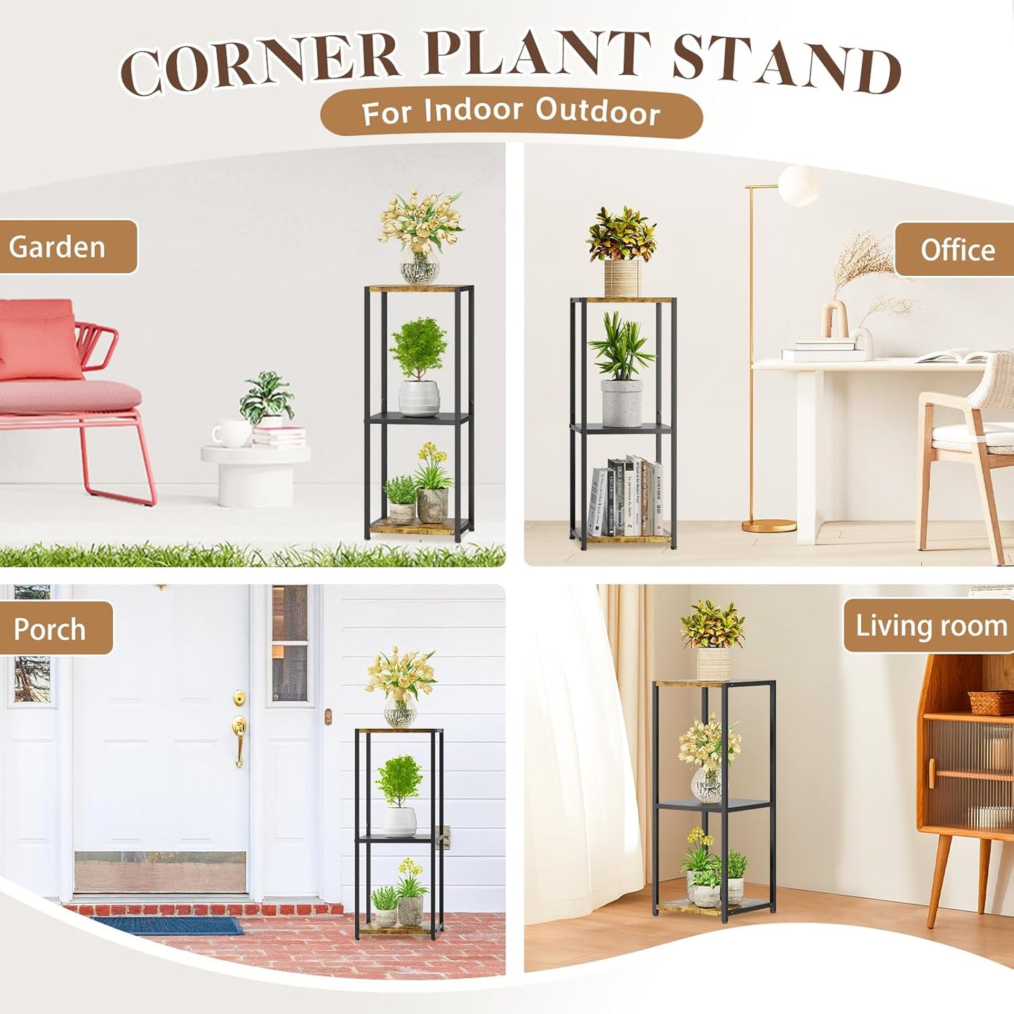 KMOTASUO 3 Tier Tall Plant Stands Indoor, 31 Inch Metal Wood Corner Plant Stand for Indoor Plants, Square Flower Pot Holder Shelf Display Rack for Balcony Garden Patio Living Room(Rustic Brown)