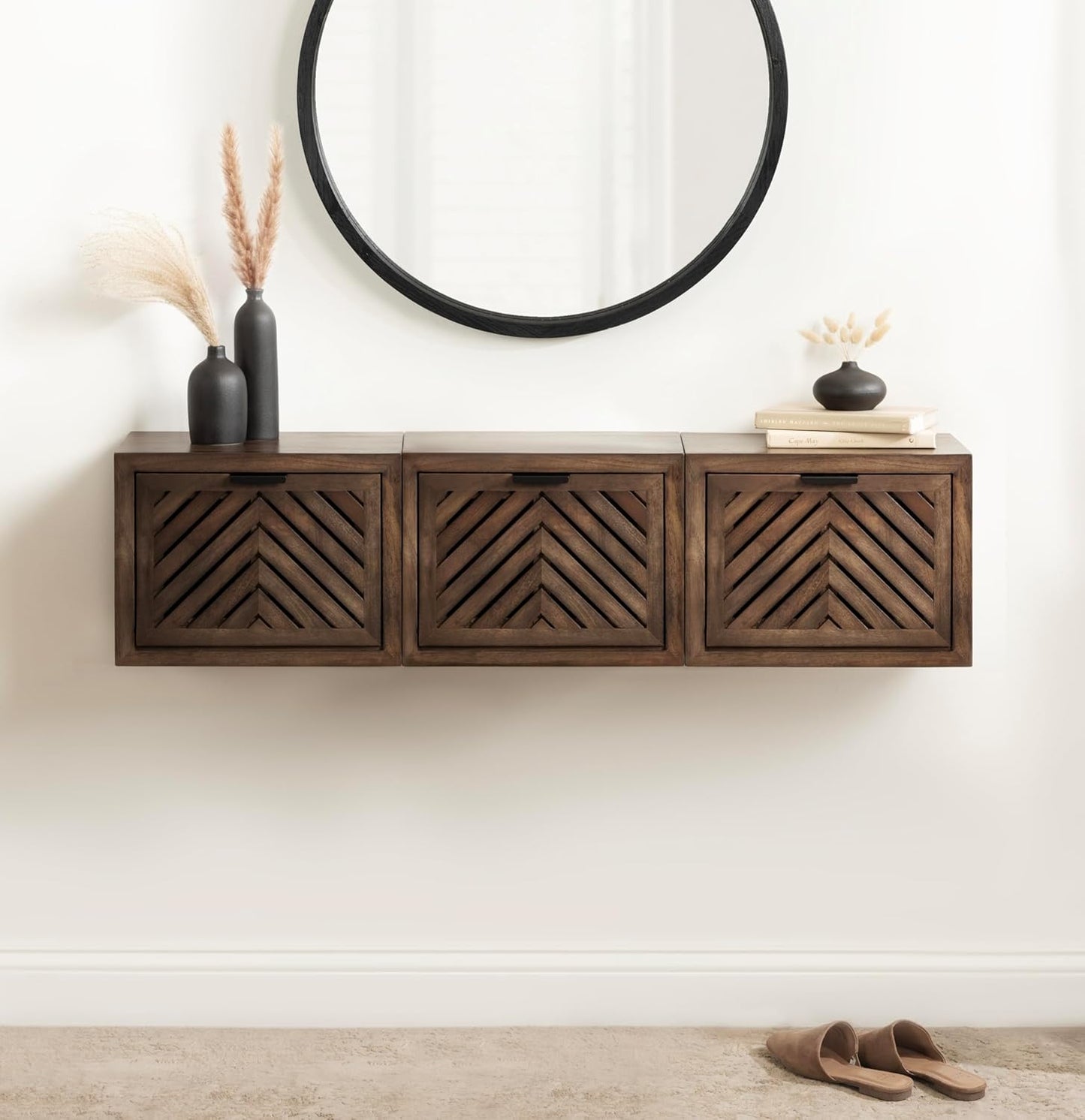 Kate and Laurel Mezzeta Modern Floating Shelf Side Table with Storage Cubby; 16 x 10 x 12; Natural Wood; Decorative Slatted Wood Floating Nightstand with Pull Down Door for Use as Bathroom Storage