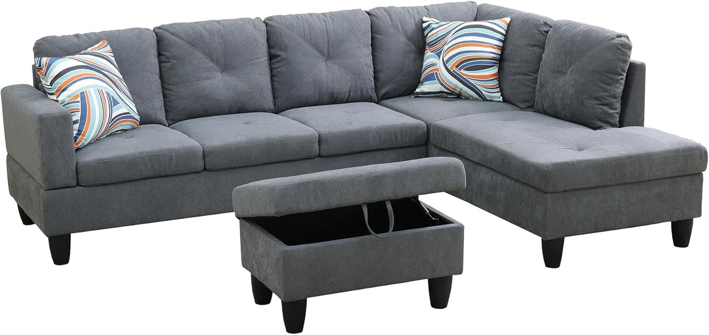 Couches for Living Room Modern L Shaped Couch Comfy Flannelette Fabric 3 Pieces Sectional Sofa with Chaise, Ottoman with Storage for Office and Small Apartment, Dark Grey