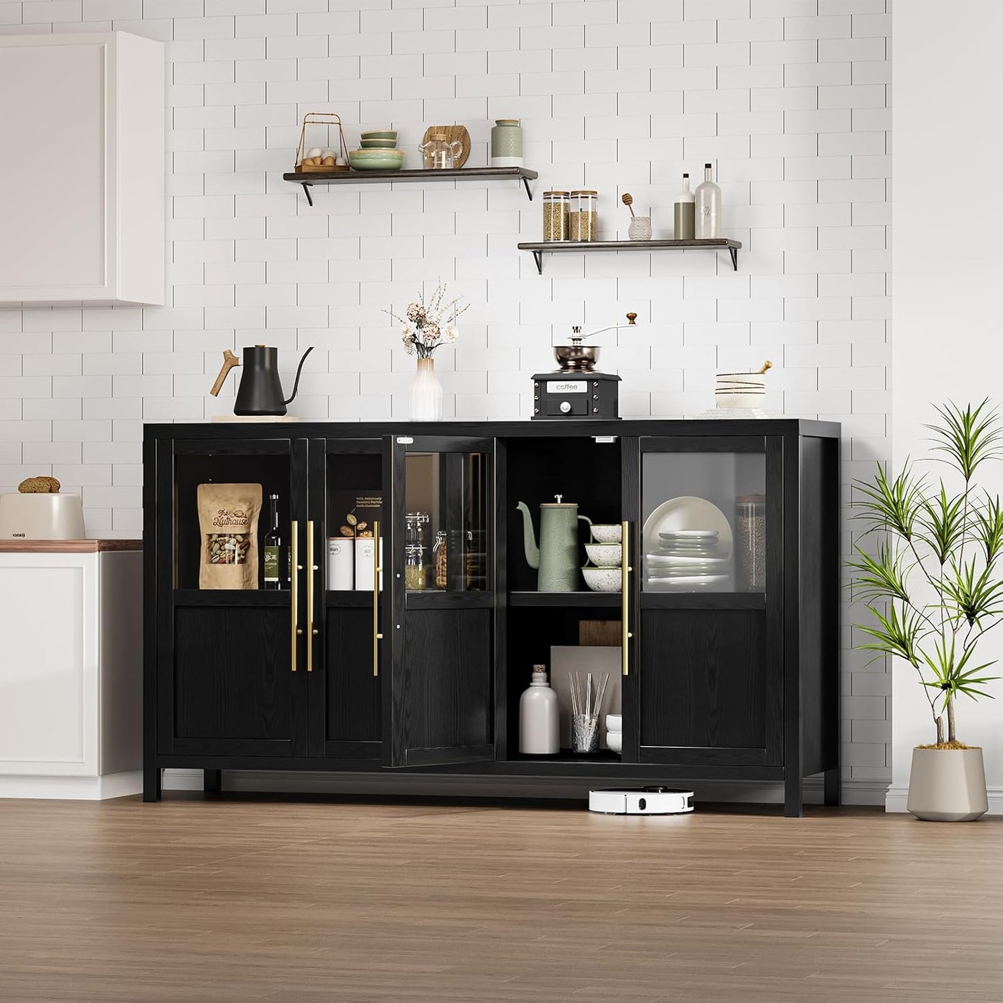 GarveeHome Sideboard Buffet Cabinet with 4 Glass Doors, 55" Buffet Table Coffee Bar Wine Bar Display Cabinet for Kitchen Dining Room, Living Room (Dark, Glass with 4 Doors)