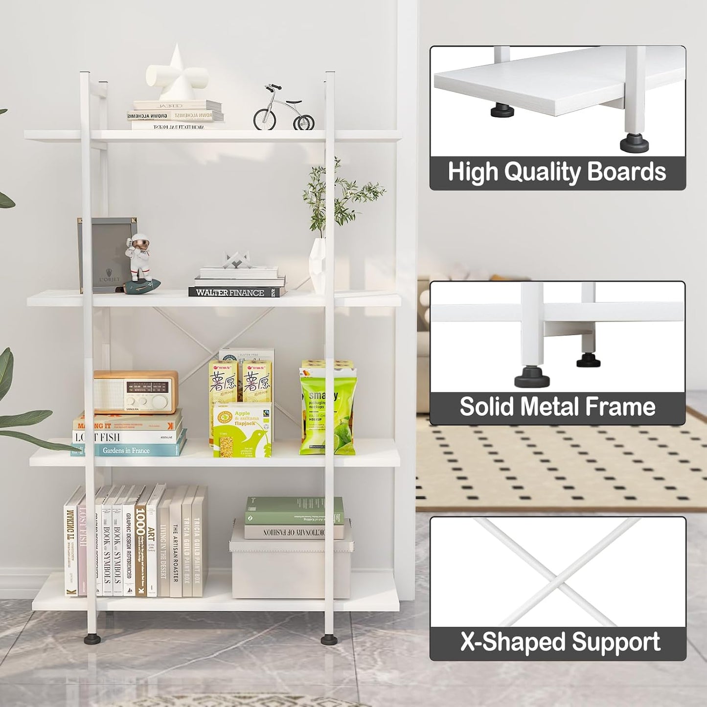 Bookshelf 4 Tiers White Wooden Storage Shelf,Modern Open Display Storage Bookcase Book Organizer,Metal Bookshelf Standing Storage Shelf Tall Shelving Units for Home Office Study