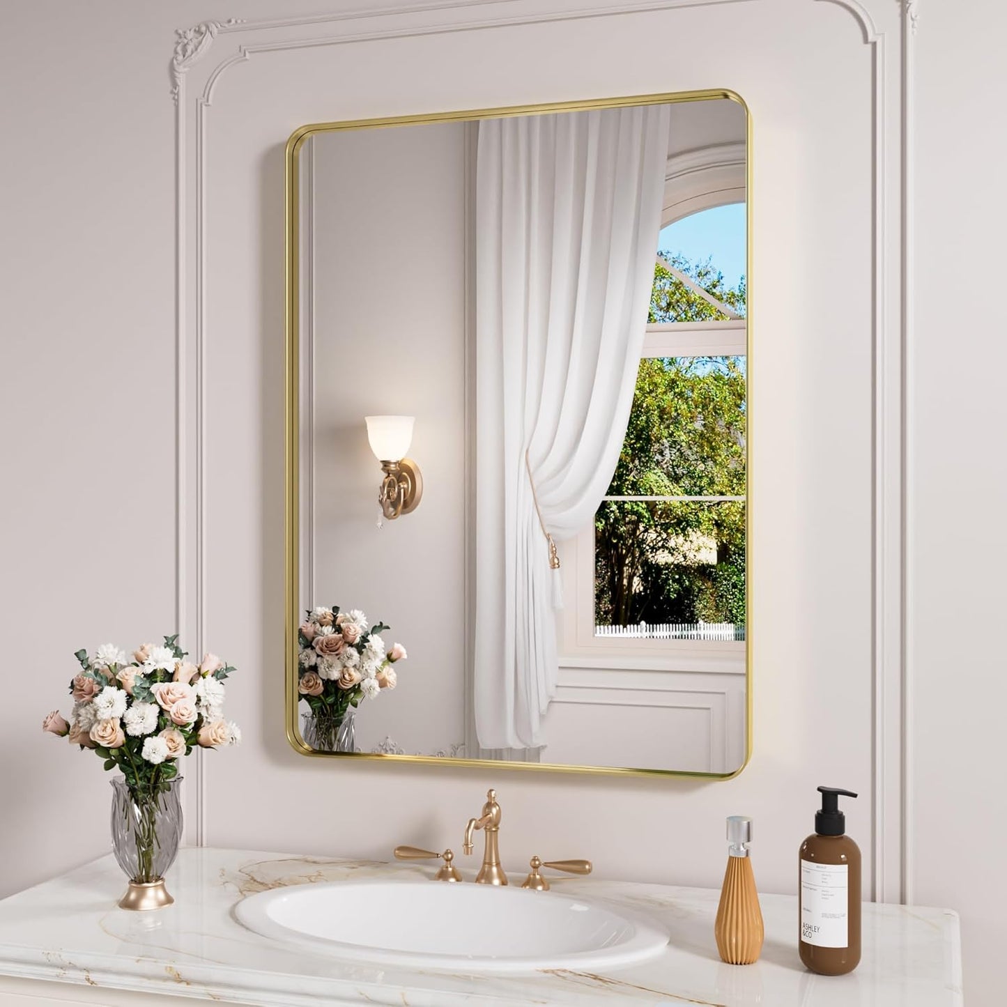 Gold Bathroom Mirror, 22x30 Inch Brushed Gold Metal Frame Mirror for Wall, Rounded Rectangle Bathroom Vanity Mirror, Tempered Glass, Anti-Rust, Horizontal/Vertical