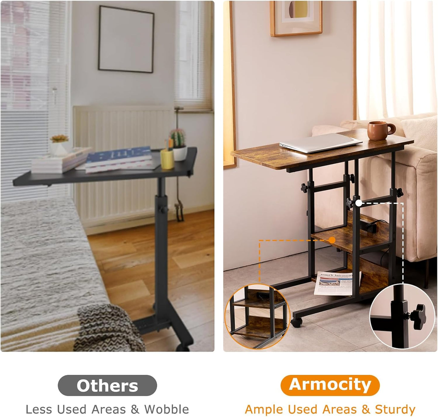 C Shaped End Table Height Adjustable - Couch Side Table with Charging Station, TV Tray with Wheels Slide Under Sofa for Small Spaces, Living Room Bedroom, Rustic Brown