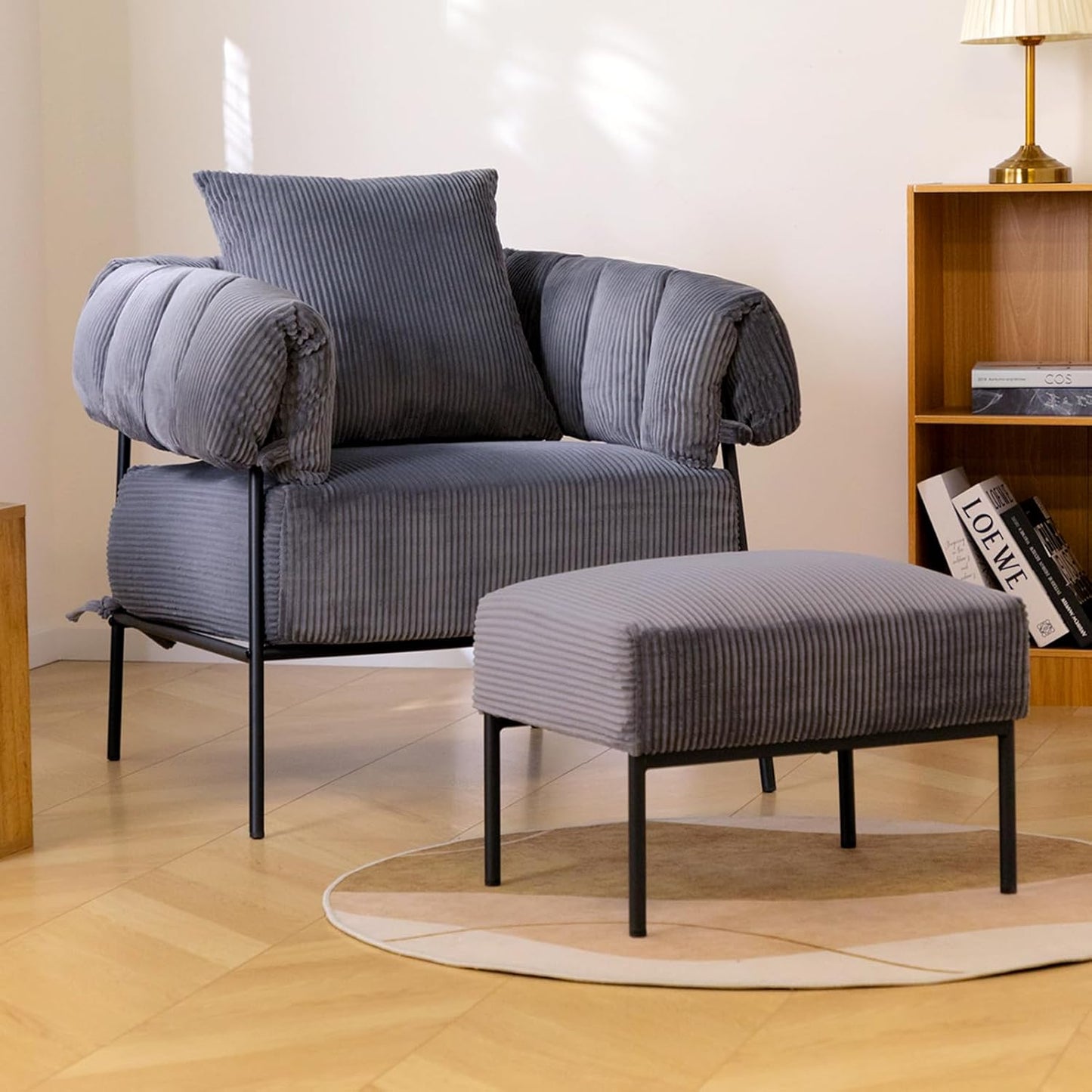 HollyHOME Modern Velvet Accent Chair with Ottoman, Upholstered Comfy Reading Chair and Footstool,Large Lazy Armchair with Stool, Lounge Sofa for Living Room, Bedroom, Dark Grey