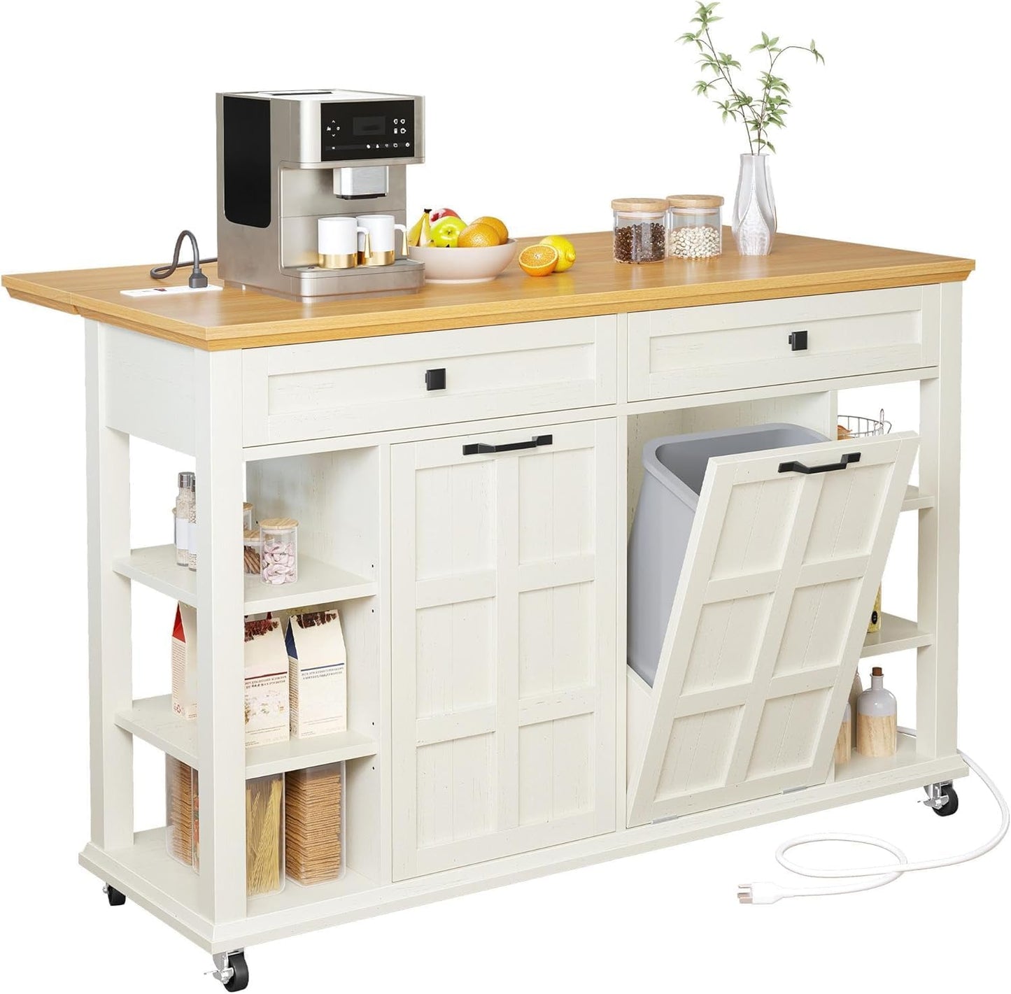 DWVO Kitchen Island with Drop Leaf, Tilt Out Trash Can Cabinet, Mobile Storage Islands with Power Outlet, Americana Rolling Island Table on Wheels with Open Shelves for Dining Room, Off White