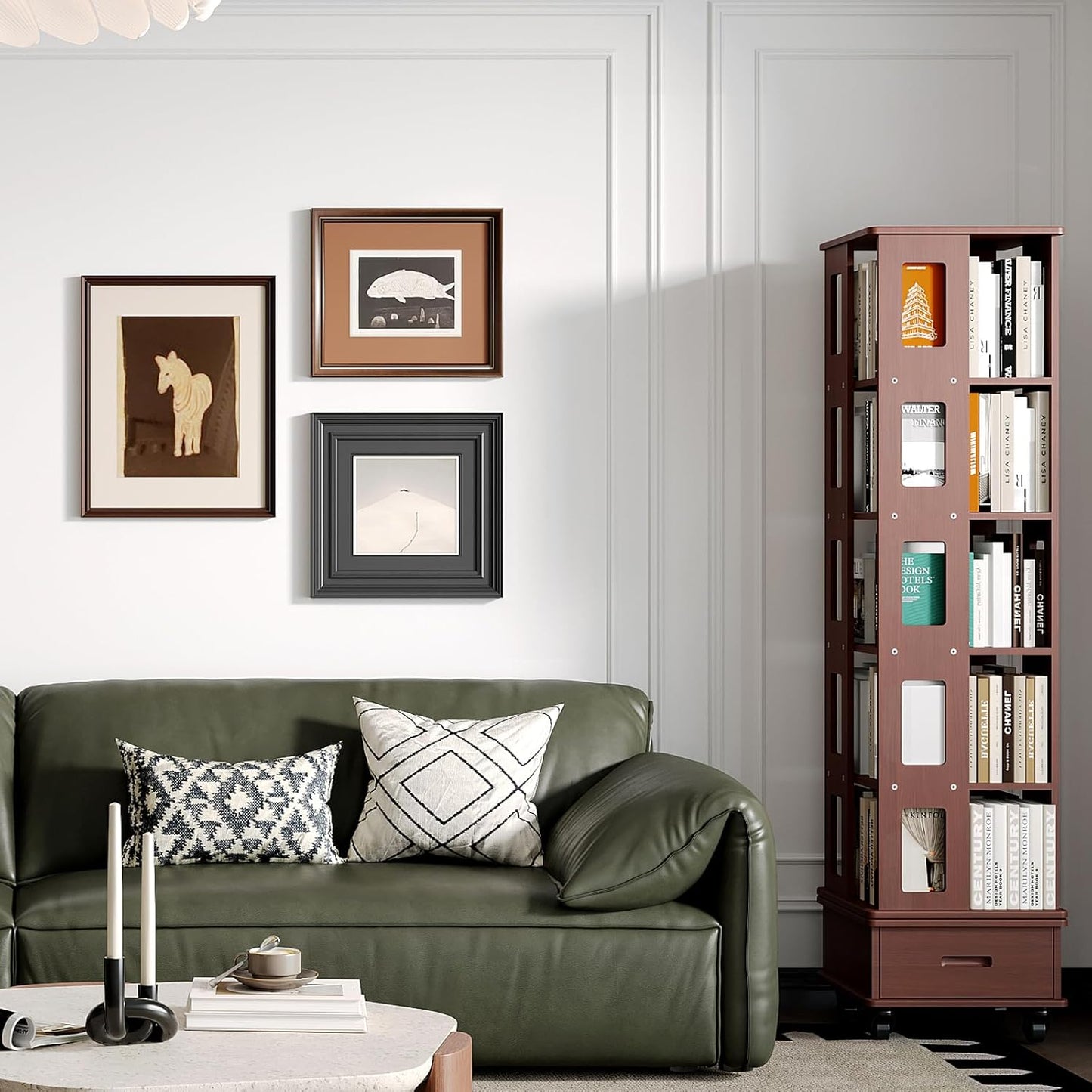 Solid Wood Rotating Bookshelf Tower, 5-Tier Square Spinning Bookcase with Drawer, 70" Floor Standing Revolving Bookshelf on Wheels, Corner Bookcase for Small Space, Walnut