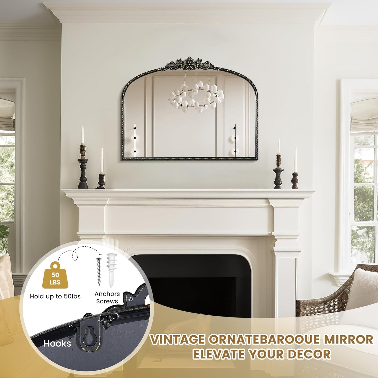 WallBeyond Black Antique Arched Vintage Wall Mirror, 24x32 Inch, Iron Frame, Bathroom, Living Room, Entryway