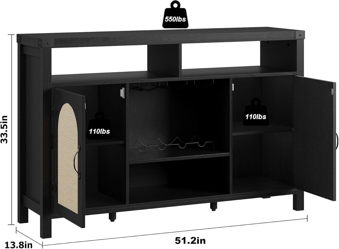IDEALHOUSE Rattan Buffet Cabinet with Storage, Rattan Wine Bar Cabinet, Sideboard with Glass Holder, Adjustable Shelves, Coffee Bar Cabinet for Living Room Dining Room Hallway, Black