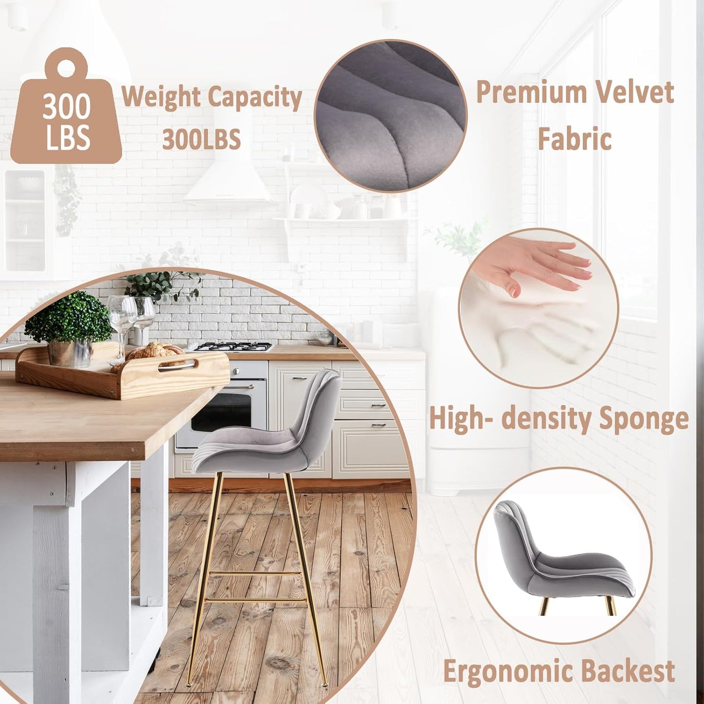 Sidanli Gold Bar Stools Set of 2, 29” Velvet Barstools, Kitchen Chairs for Counter Height with Back and Footrest, Gray