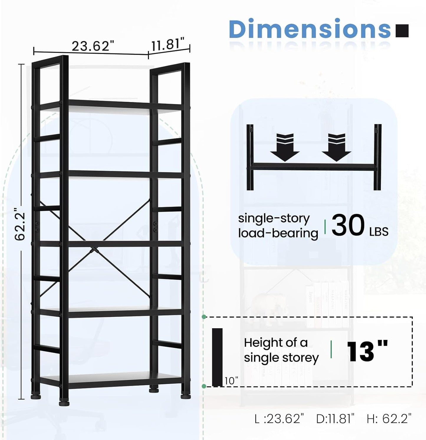 DUMOS 5 Tiers Bookshelf, Classical Book Shelf, Tall Display Shelves in Living Room/Home/Office, Storage Organizer for CDs/Books/Movies, Modern Black