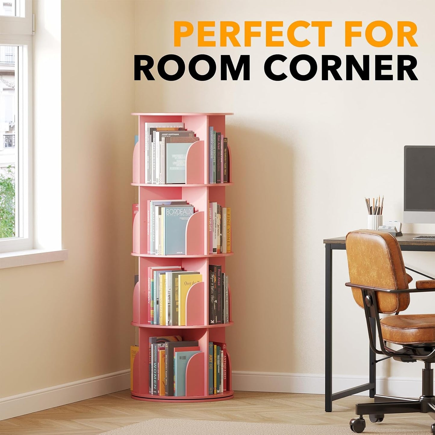 SpaceAid 4 Tier Rotating Bookshelf Tower, Spinning Bookcase Lazy Susan, Revolving 360 Book Shelf Storage Round Carousel, Vertical Rotate Turning Spiral Corner Organizer, Pink