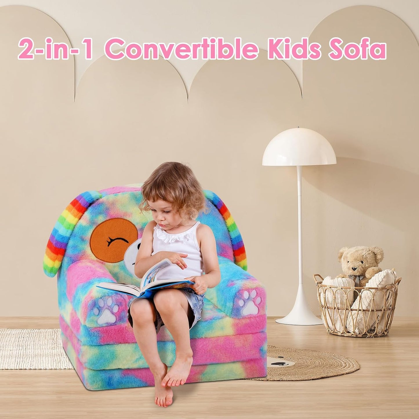 Kids Couch Comfy Foldable Kids Sofa to Lounger 2 in 1 Toddler Chair Plush Baby Sleeper Chair for Playing and Napping, Birthday Gifts for Boys and Girls